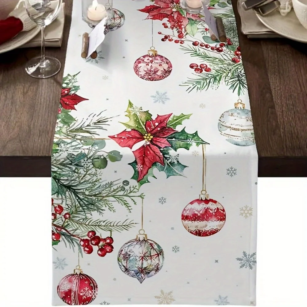 1 Stück festlicher Tischläufer aus Leinen – Weihnachtsstern und Schneeflocken-Design, Urlaubsparty-Zubehör für Halloween und Weihnachten
