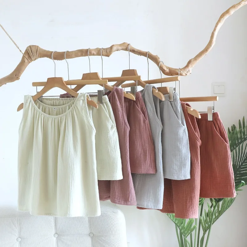 2026 Summer New Women's Pajama Set 100% Cotton Crepe Vest+Shorts Solid Color Soft, Sweet And Fresh Home Clothes Two Piece Set