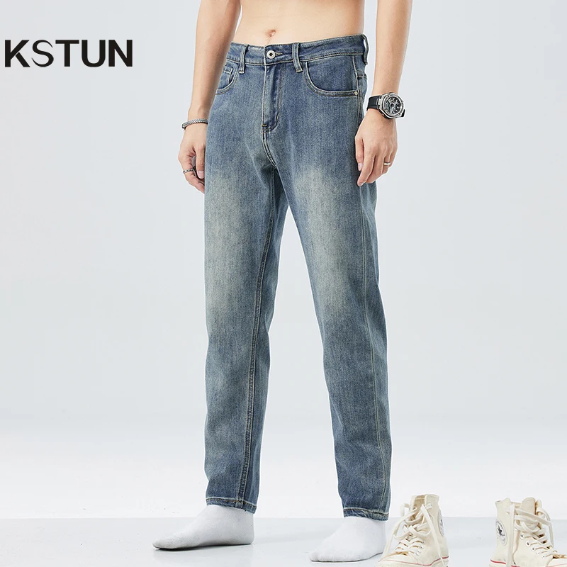 

KSTUN Men Jeans Stretch Slim Fit Light Blue Casual Denim Pants Men's Cloting Full Length Trousers 2023 New Arrivals Streetwear