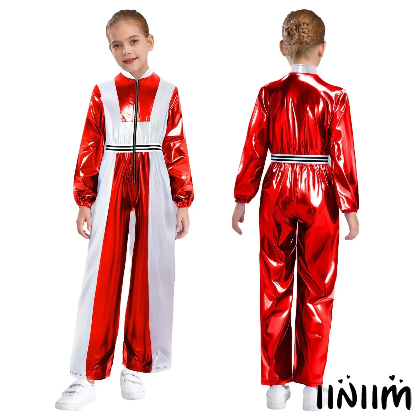 

Kids Girls Disco Metallic Jumpsuit Long Sleeves Color Block Patchwork Zipper Unitard Hip-Hop Jazz Dance Bodysuit Rock Dancewear