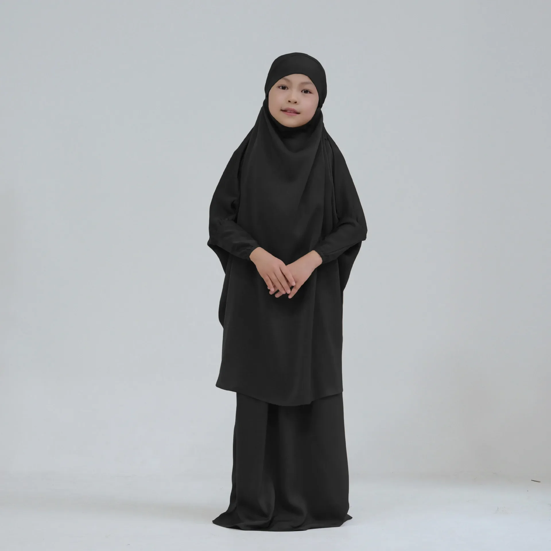 2Pcs Kids Abaya Girls Muslim Set Overhead Islamic Ramadan Children Prayer Clothes Khimar Hijab Dress with Skirt Niqab Suit Burka