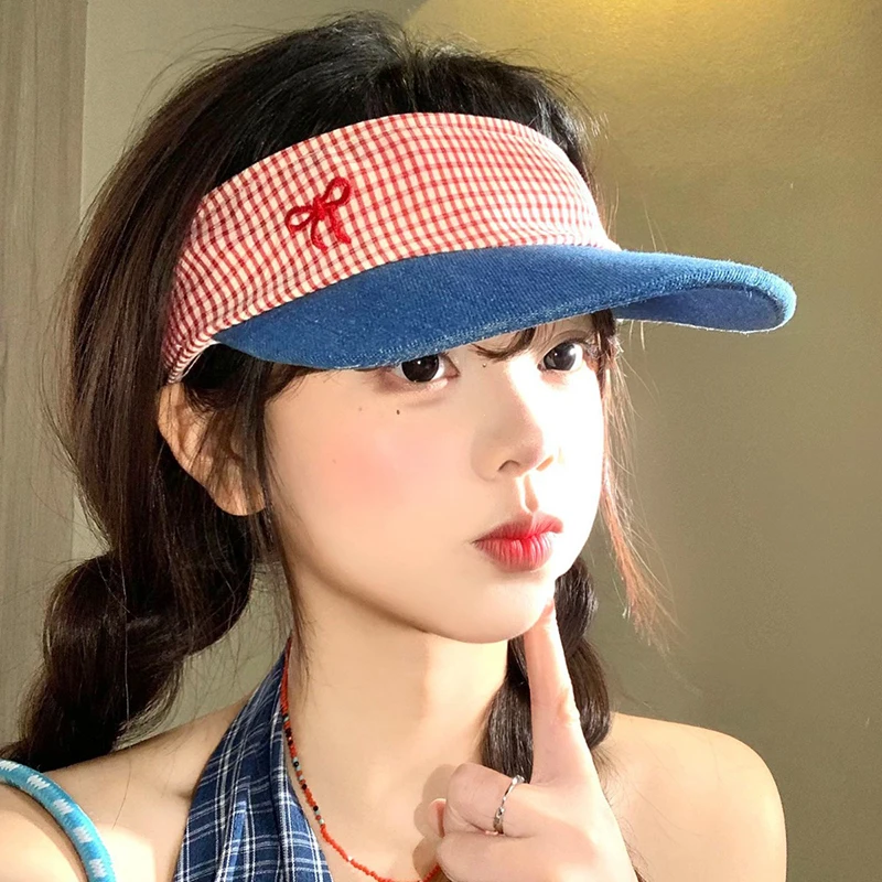 

Korean Version of Sweet Bow Denim Plaid Patchwork Empty Top Hat Summer Outdoor Versatile Sunshade Baseball Caps for Women