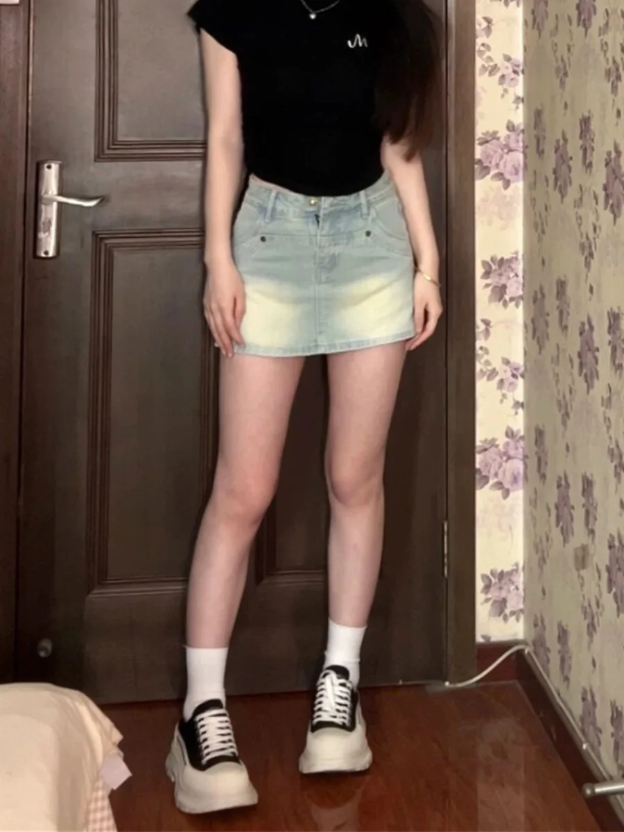 

Джинсовая юбка с высокой талией в стиле ретро, женская юбка больших размеров для похудения, анти-легкая юбка небольшого размера с запахом