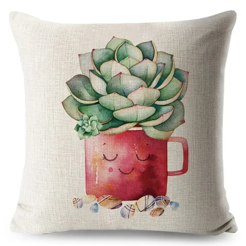 Watercolor Succulent Plant Pillow Case Polyester Cushion Cover for Sofa Home Decorative Flower Printed Pillowcase 45x45cm