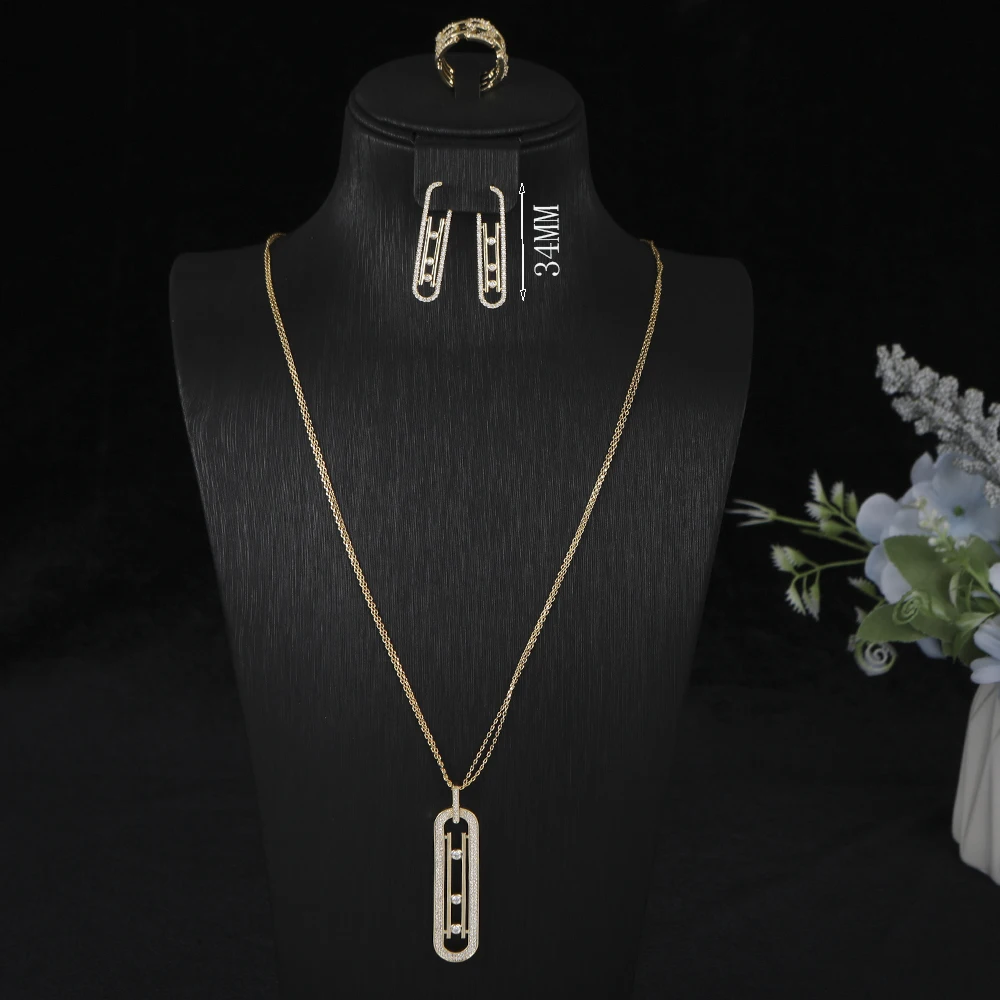 Luxury AAA Zircon Paper Clip Necklace Sweater Chain Earrings Ring Set For Women High Quality Party Wedding Jewelry S425