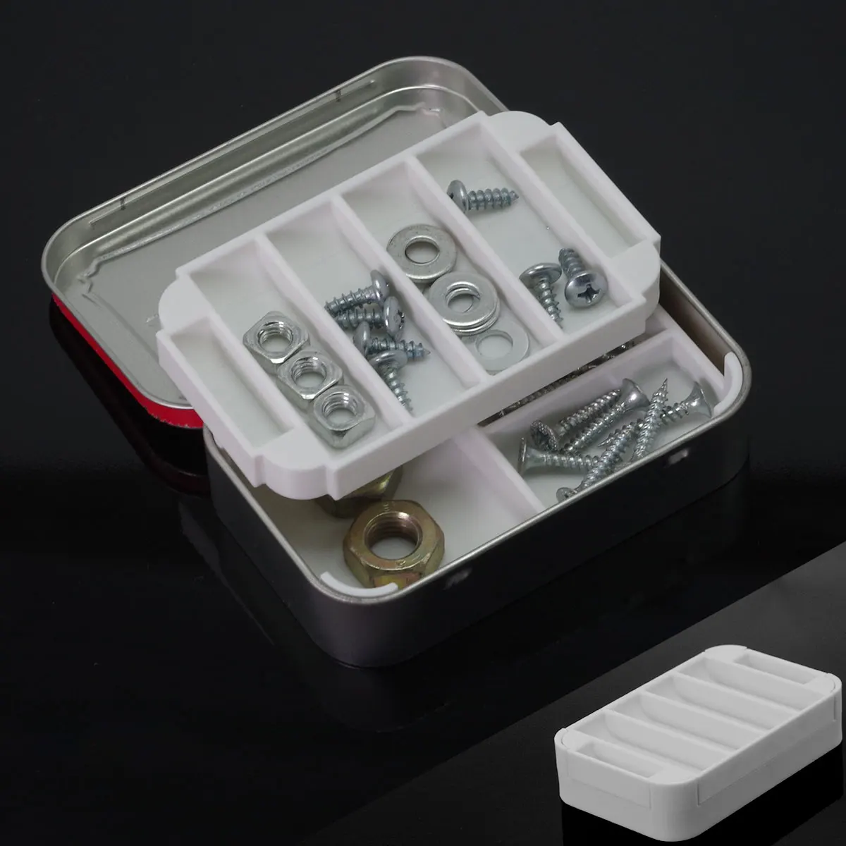 ถาดใส่ถั่วสองชั้นสำหรับเก็บสกรูชิ้นส่วนอิเล็กทรอนิกส์ดีบุกอัลทอยด์