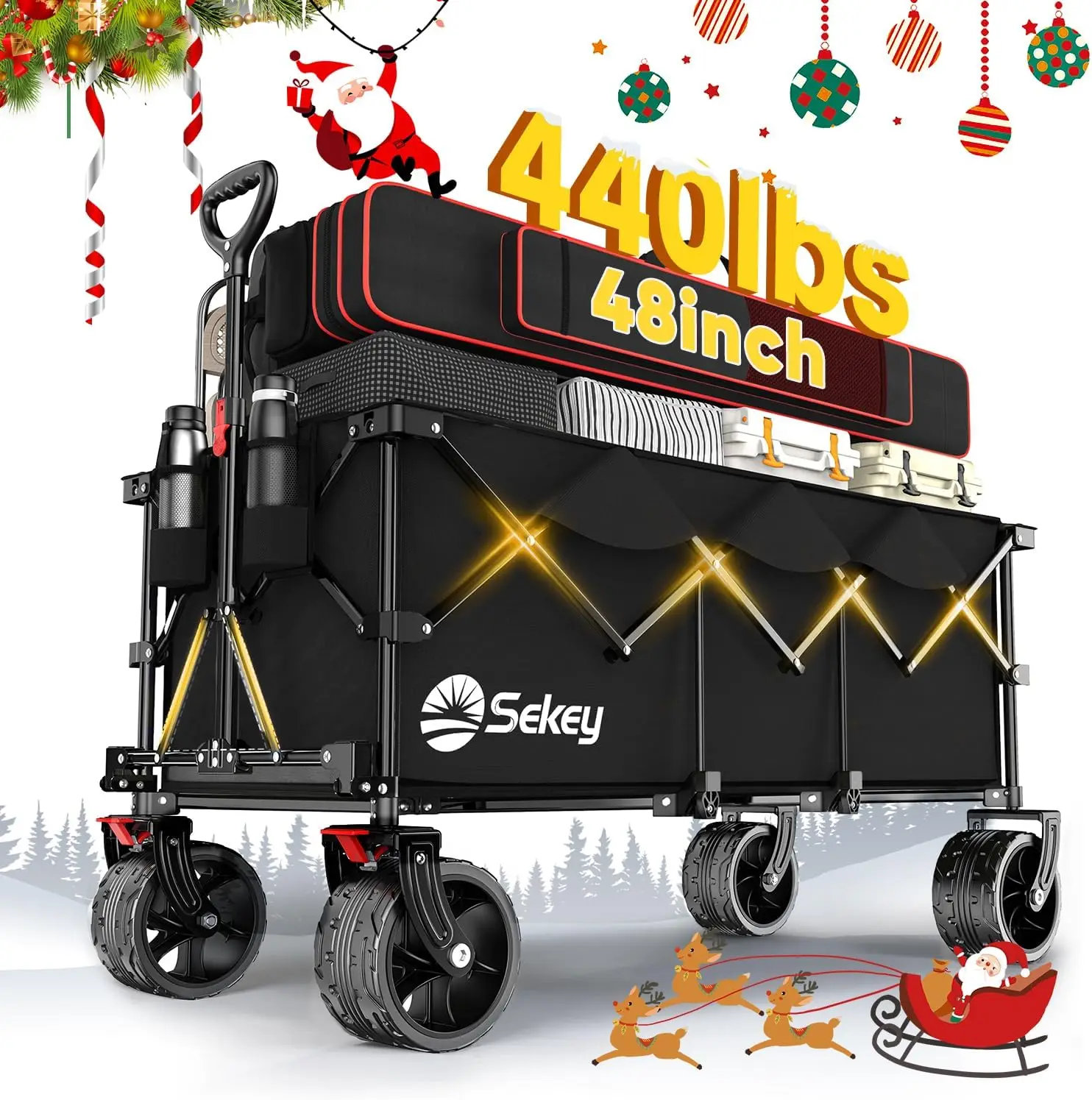 

48''L Collapsible Foldable Extended Wagon with 440lbs Weight Capacity Heavy Duty 300L Folding Utility Garden Cart with Big All T