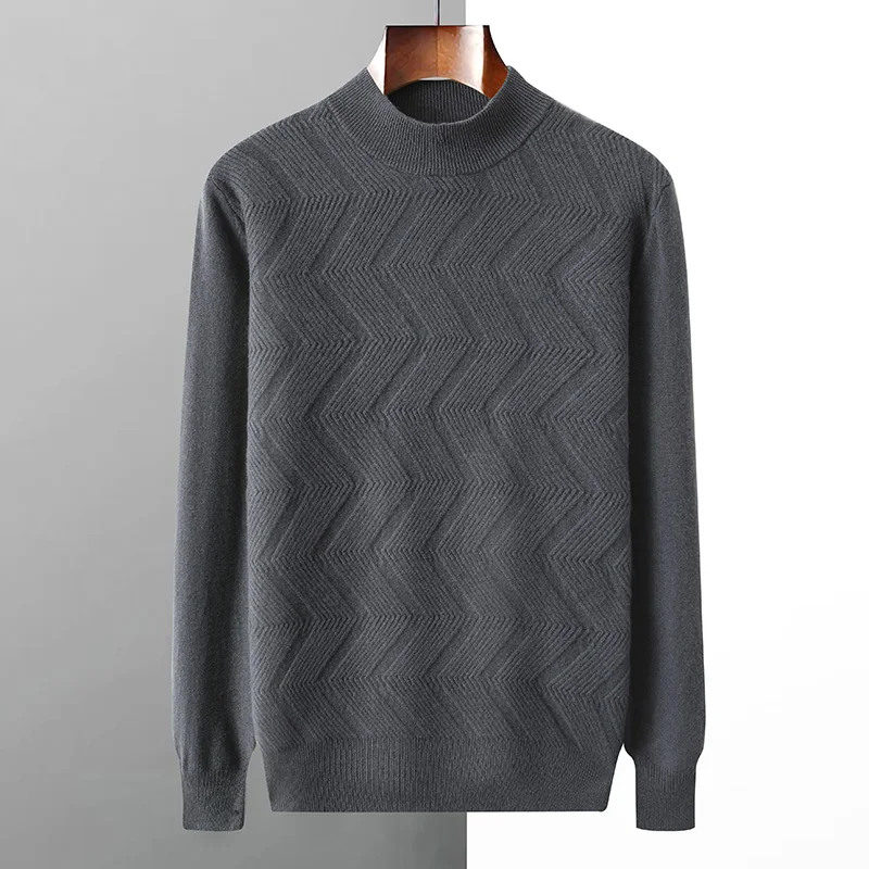 Autumn and winter new 100% pure wool men's semi-high neck jacquard loose thick pullover sweater knitted bottoming shirt