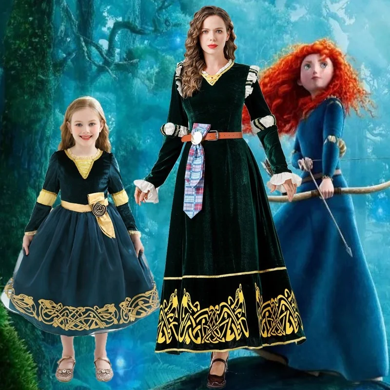 

Halloween Adult Children's Brave Legend Melinda Cosplay Costume Vintage Green Medieval Court Performance Six-One Festival