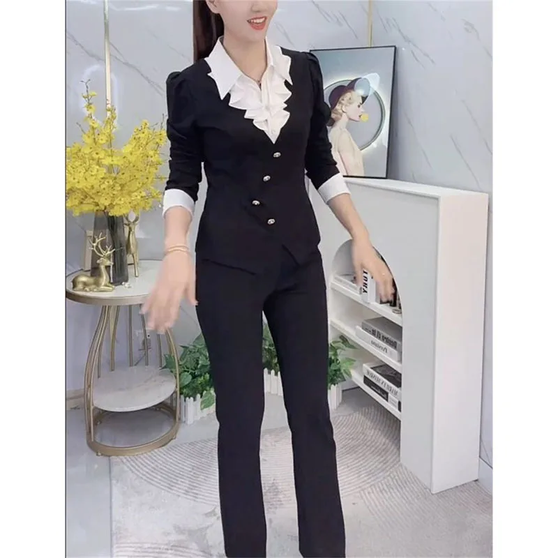 Spring And Autumn 2025 Fashion Age-Reducing Slimming Stitching Fake Two-Piece Shirt Collar Coat+Casual Pants Two-Piece Suit