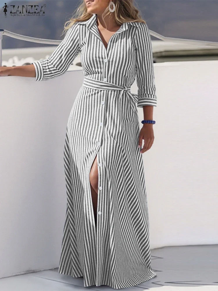 ZANZEA Elegante Frauen Revers Hals Langarm Gestreiften Kleid 2025, Herbst Sommerkleid Buttons Up Vestidos Büro Tragen Kleider Robe Femme