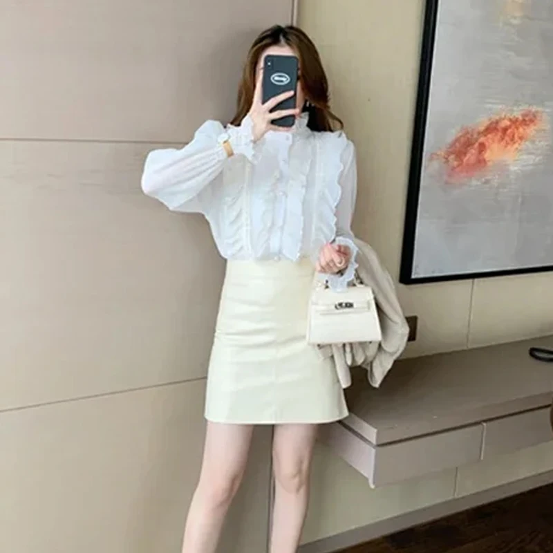 Ruffled Lace Chiffon Blouse for Women, Long Sleeve, Stand Collar, Elegant Tops, Sweet Clothes, Fashion, Spring, Autumn, 134331