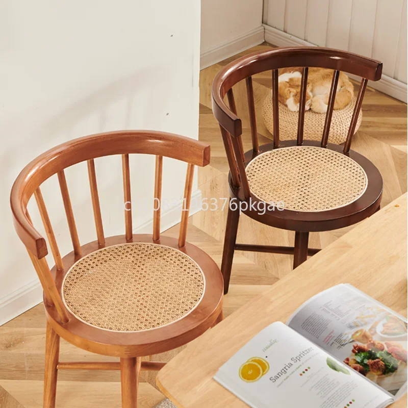 Japanese-style Wabi-sabi Wind Rattan Solid Wood Dining Chair Log Learning Balcony Leisure Chair Nordic Home B&B Back Arm Chair