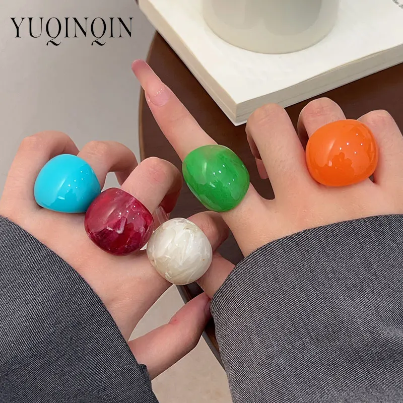 Anillos de corazón coloridos de moda para mujer, traje geométrico cuadrado, anillo grande exagerado para mujer, joyería de escenario única, 5 piezas