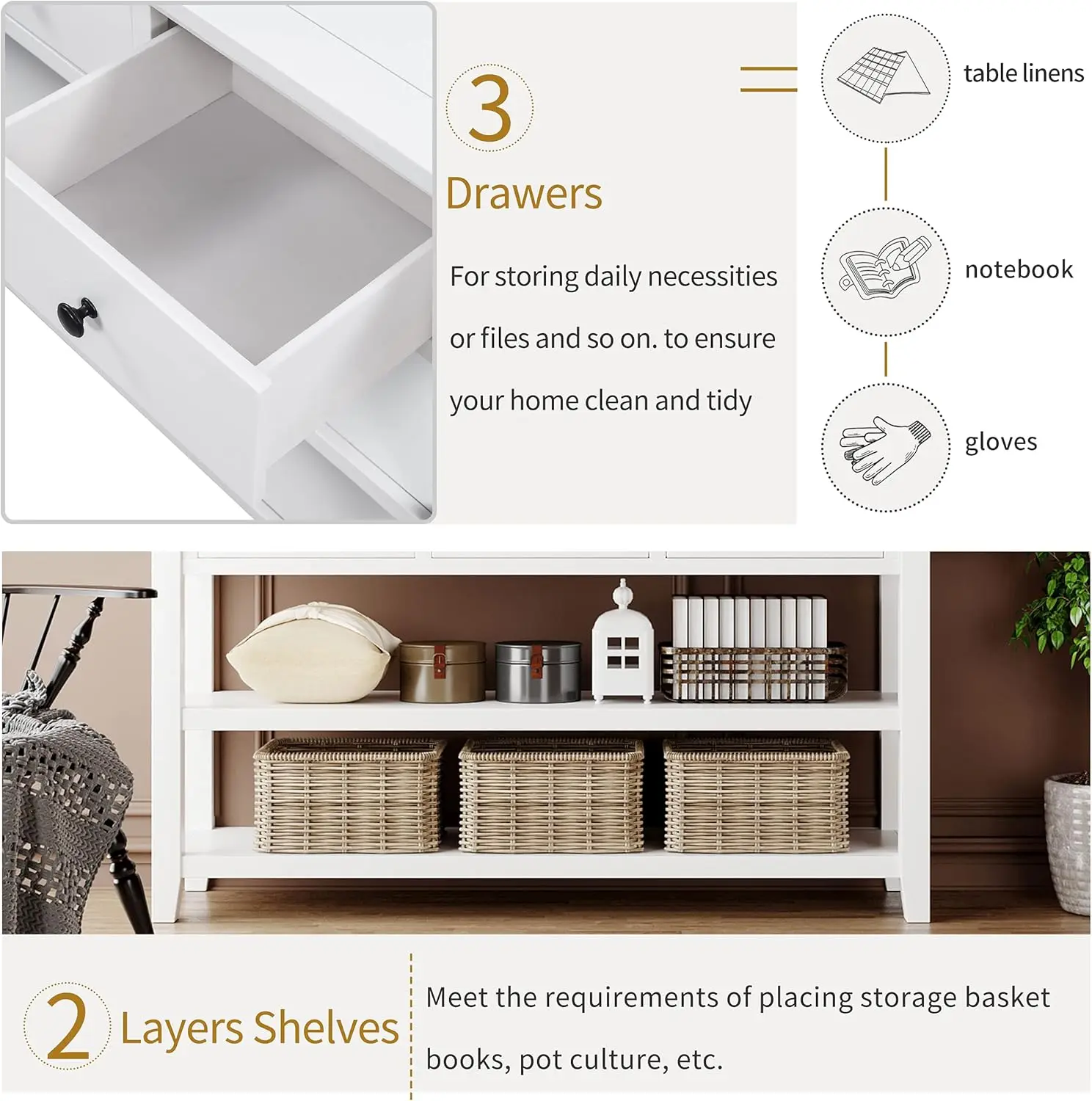 Retro Console Table Entryway Table Sofa Table Foyer Table with 3 Top Drawers & 2 Open Storage Shelves for Living Room Entryway