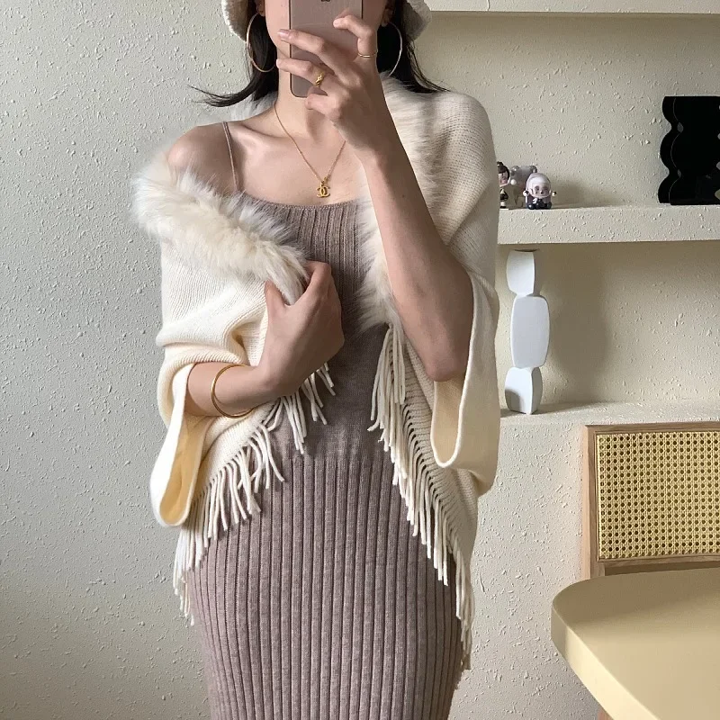 Imitate Fur Collar Winter Shawls And Wraps Bohemian Fringe Oversized Womens Winter Ponchos And Capes Sleeve Cardigan White Cloak