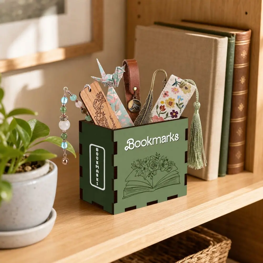 Wood Bookmark Storage Box Book Shaped Compact Desktop Organizer Box Printed Pattern Bookmark Holder Home Office Decor
