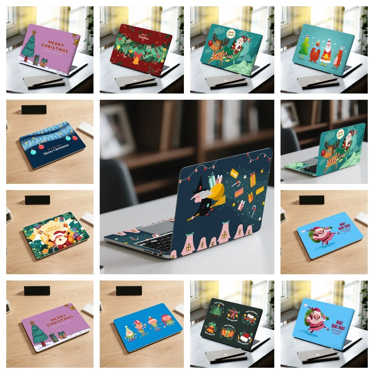 Xmas Holiday Laptop Decor Stickers Waterproof & Scratch-Resistant Cute Cartoon Witch Santa Pattern for Laptops Holiday Gift