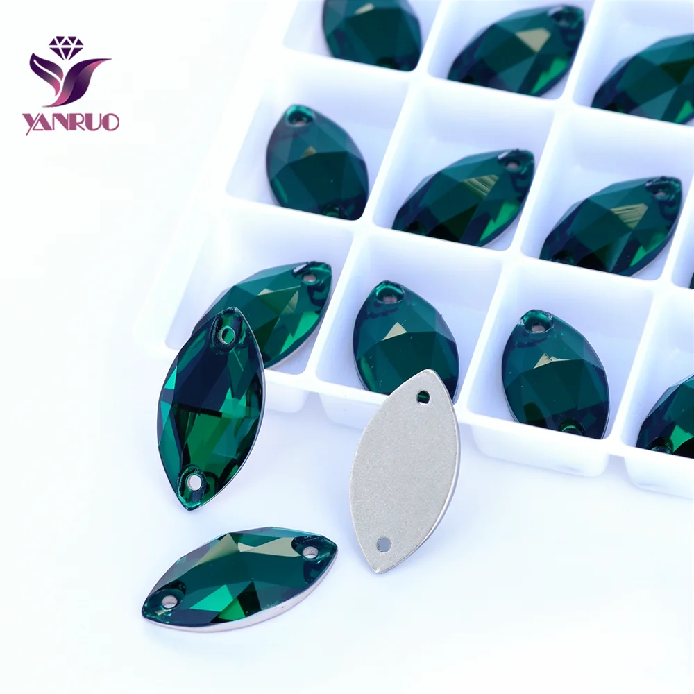 YANRUO 3223 Navette Emerald  Flatback Rhinestones Crystal Stone Sew On Rhinestone Glass Crystals Sewing Stones For Clothes