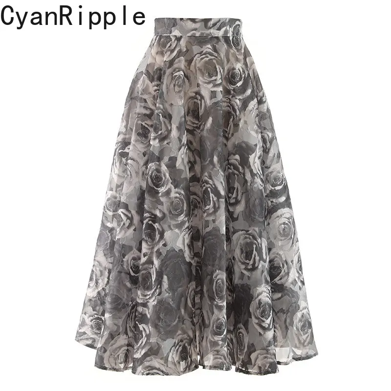 High Quality New Spring Summer Elegant Female Mid-long Skirt High Waist Hollow Out Rose Flowers Big Bottom Casual A-line Skirt