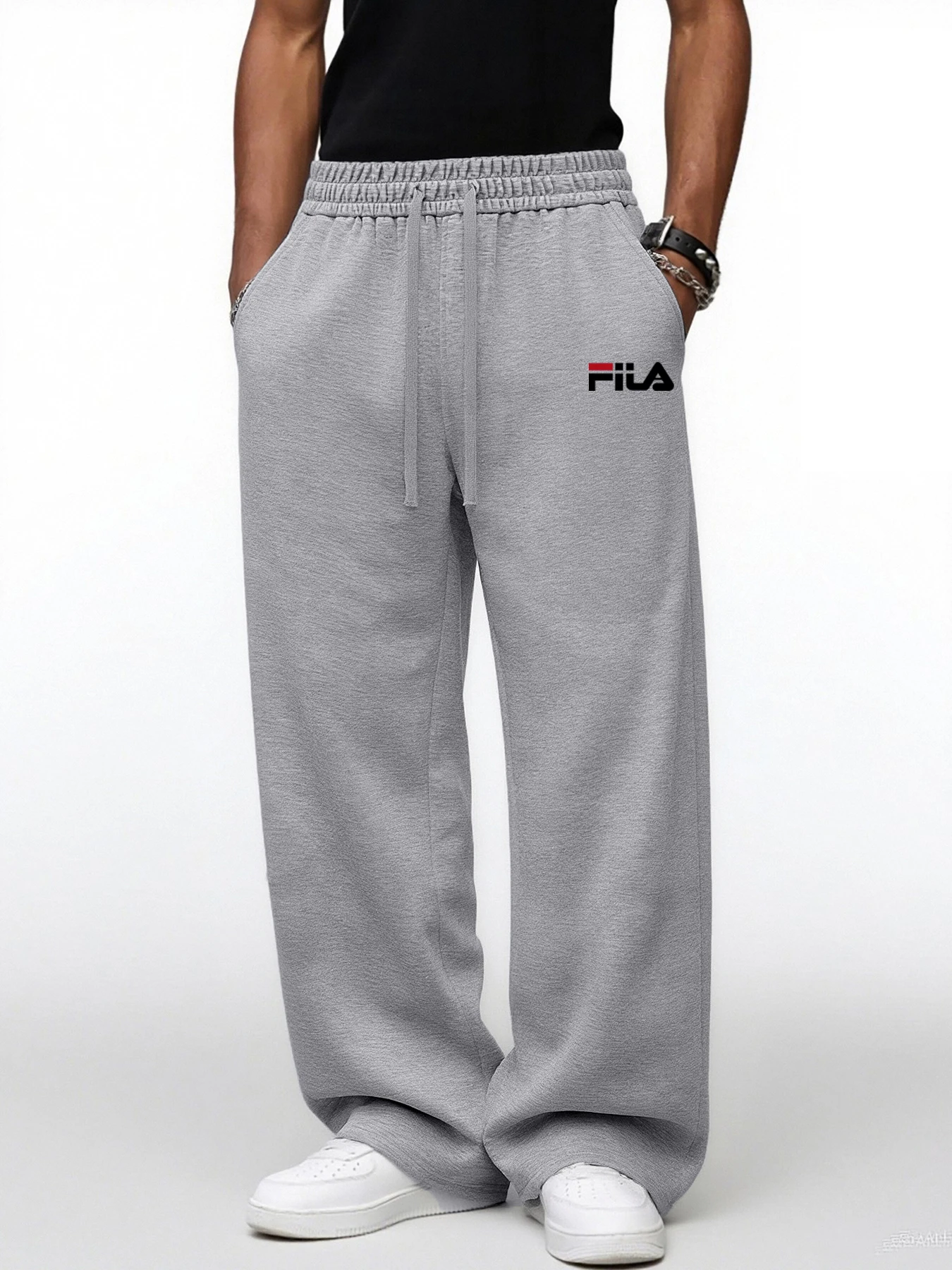 

Men's Wide Leg Sweatpants, Casual Loose Fit Streetwear Trousers, Soft Drawstring Waist Joggers with Pockets for Daily Wear