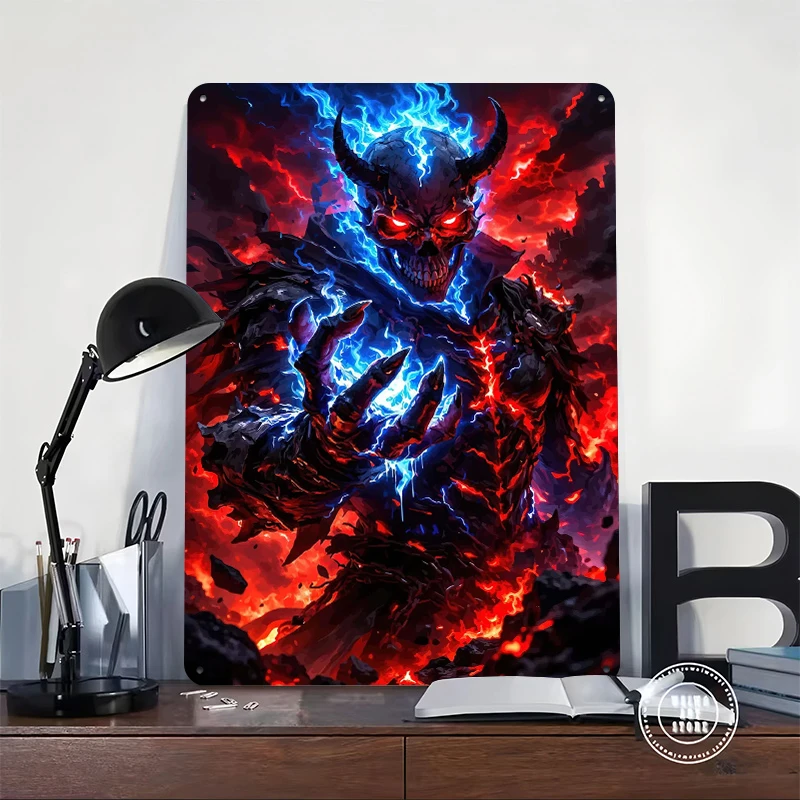 Demonic Skeleton With Blue and Red Energy Tin Poster Customized Wall Art Retro Vintage Metal Signs for Fans Room Desk Decor Home
