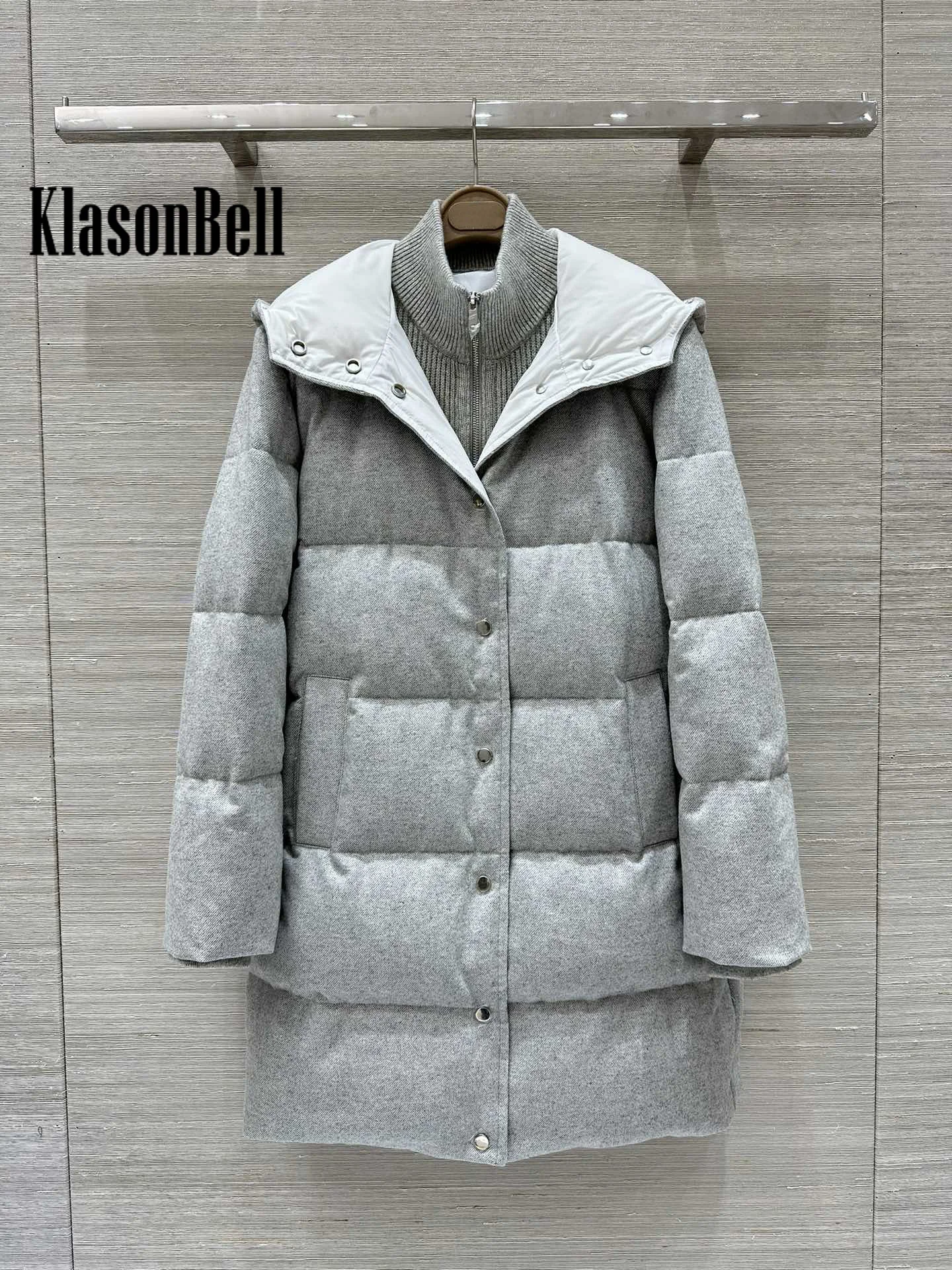 9.25 KlasonBell Women Winter New Wool Knit Collar Spliced Fake Two Piece Goose Down Jacket Hooded Midi Keep Warm Down Coat