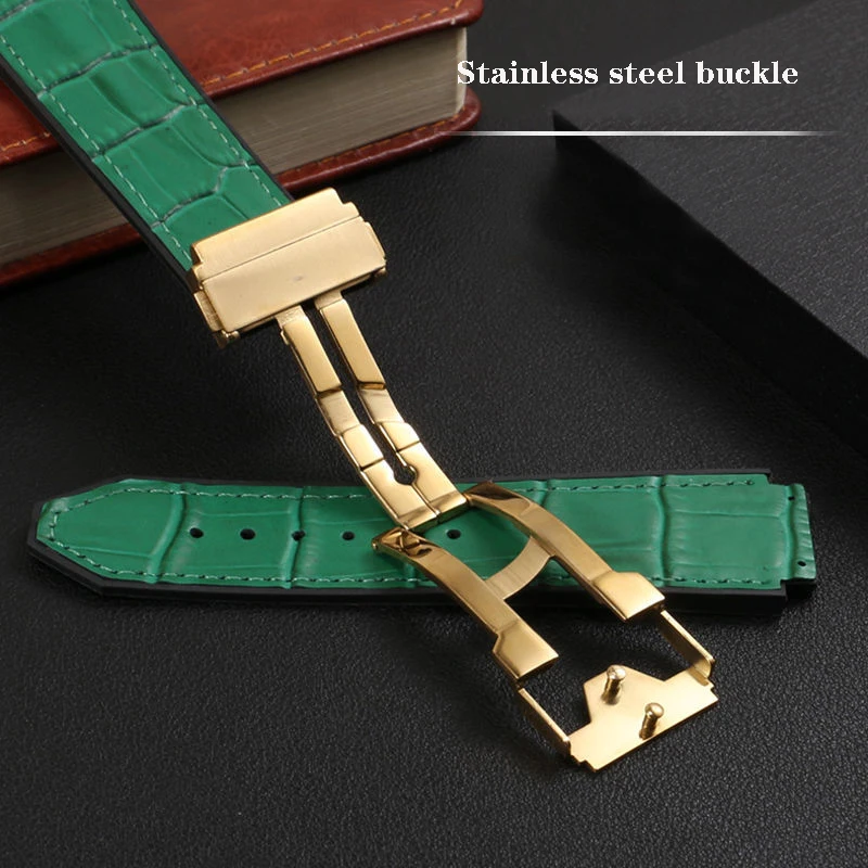 Genuine Leather Watch Band For HUBLOT BIG BANG 25X19mm Waterproof Men Black Green Blue Watch Straps Chain Watch Rubber Bracelet