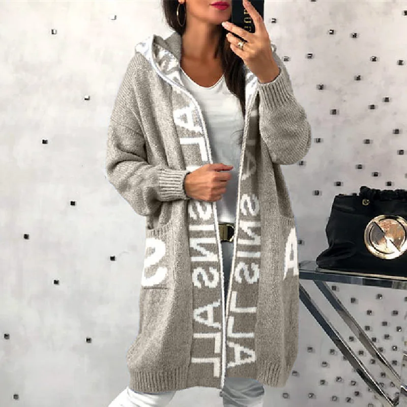 Elegant Winter Women Long Sweater Coat 2023 Letter Print Hoodies Cardigans For Women Fashion Knitted Sweaters Jacket