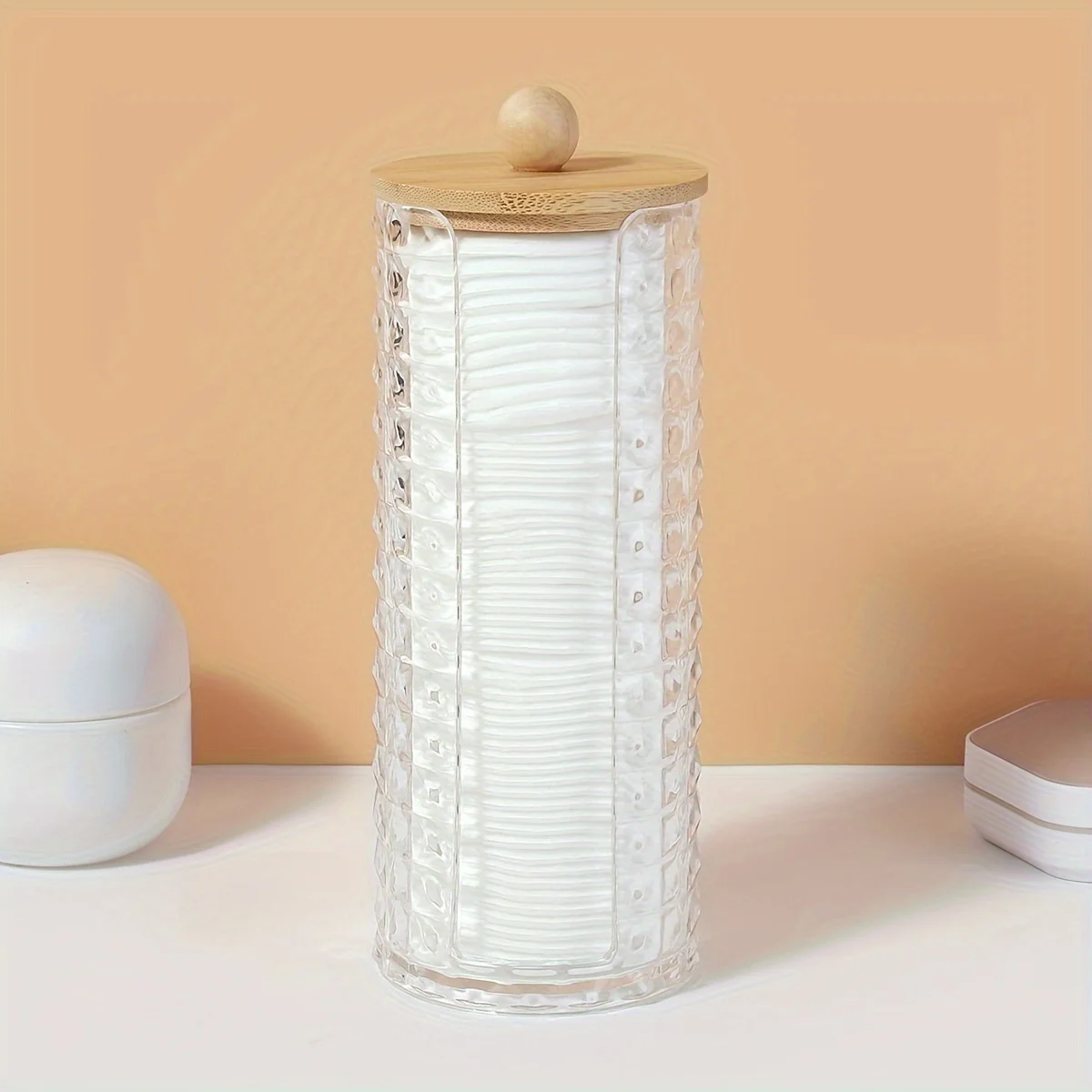 Acrylic Makeup Cotton Pad Holder, Clear Diamond Pattern Cotton Pads Organizer Dispenser Bathroom Jars for Round Cotton Display