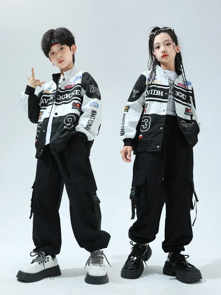 

Boys Hip Hop Motorcycle Jacket Cargo Pants Girls K-pop Street Dance Contrast Coat Kids Jazz Clothes Children Streetwear Set