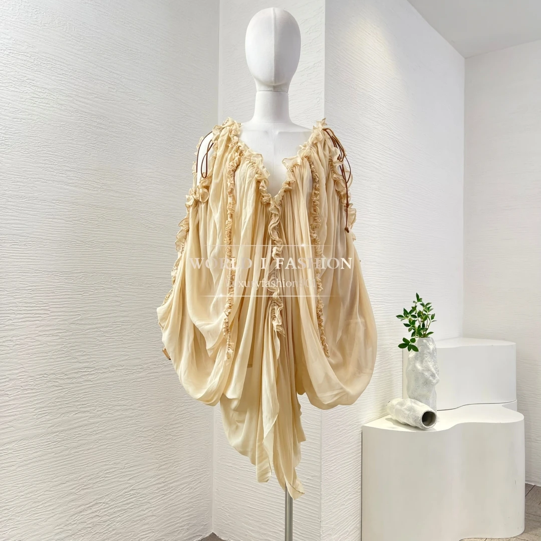 

2025 High Quality Beige Ruffles Batwing Sleeve V Neck Pleat Backless Mini Dress