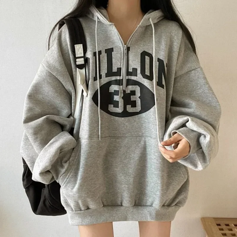 Baggy Korean Hooded Sweatshirt for Women Full Zip Up Woman Tops With Zipper Loose Hoodies Y2k Style Designer New In Clothing M E