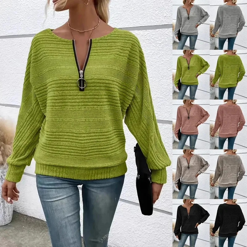 Autumn Batwing Sleeve Zipper Front Knit Tops for Woman Clothes Loose Fit Textured Sweater with Multiple Colors