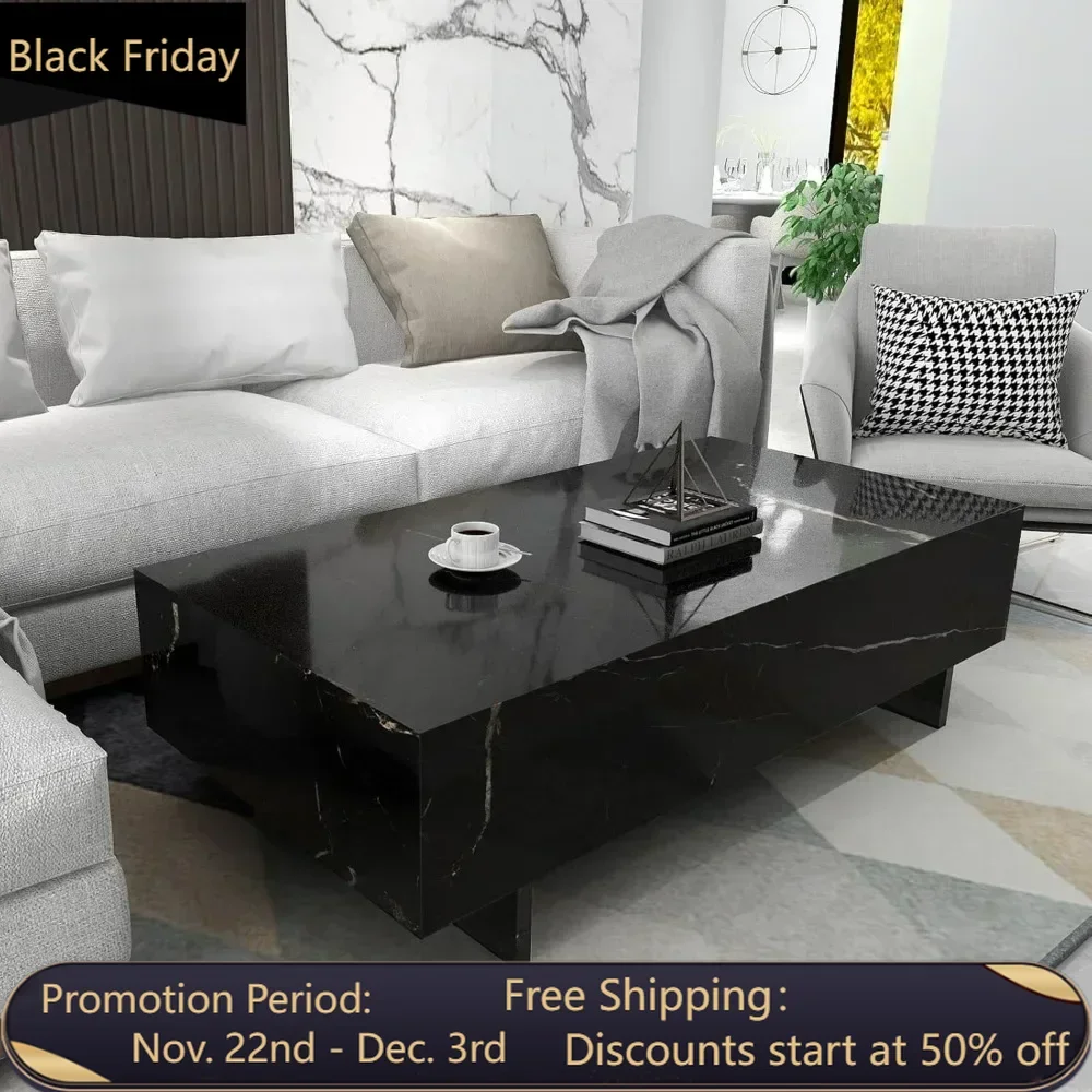 Marble rectangular living room coffee table, black modern side table, modern high gloss elegant waiting area central table