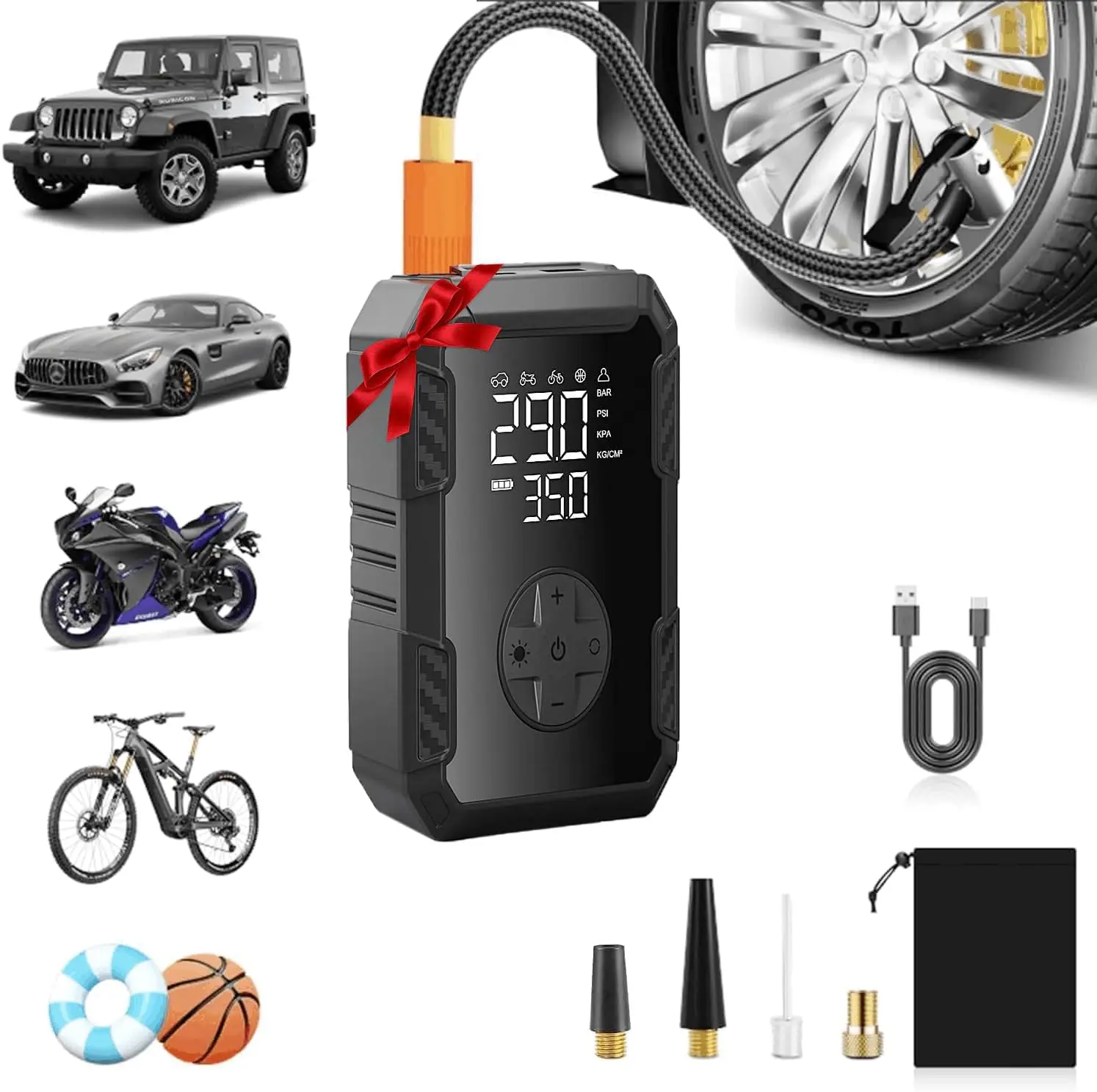 

Portable Tire Inflator 150PSI Cordless Air Compressor with Pressure Gauge for Car, Bike, Motorcycle – Rechargeable Electric Air
