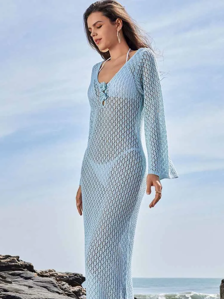 BKQU Knitted Sexy Hollow Out Beach Cover Up Maxi Dress Women 3D Flower Long Sleeve V-Neck Backless Bikini Sunscreen Long Dresses