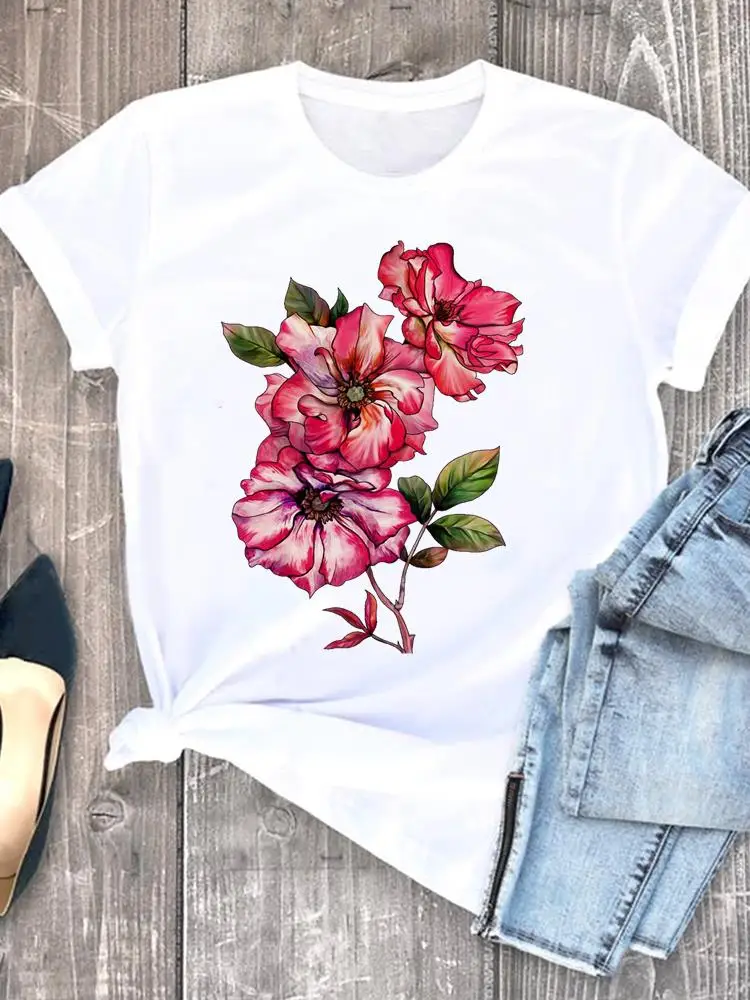 꽃 수채화 90 년대 귀여운 트렌드 여성 그래픽 티셔츠, 반팔, 여성 패션 프린트 셔츠, 티 의류