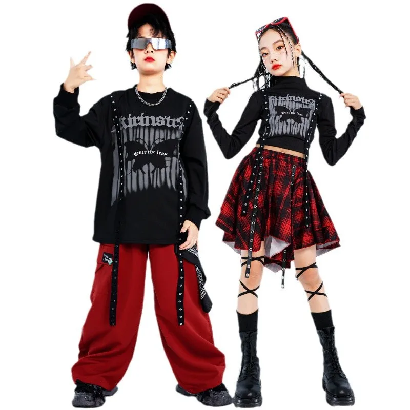 Hip Hop Girls Fashion K-pop Crop Top Street Dance Cargo Pants Kids Streetwear Plaid Skirts Children Jazz Girl Group Clothes Sets