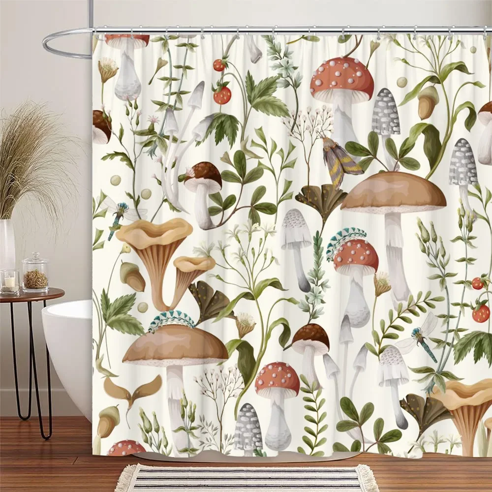 Vintage Mushroom Shower Curtain Bohemian Botanical Butterfly Wildlife Leaf Flower Polyester Fabric Bathroom Decor Curtains Set