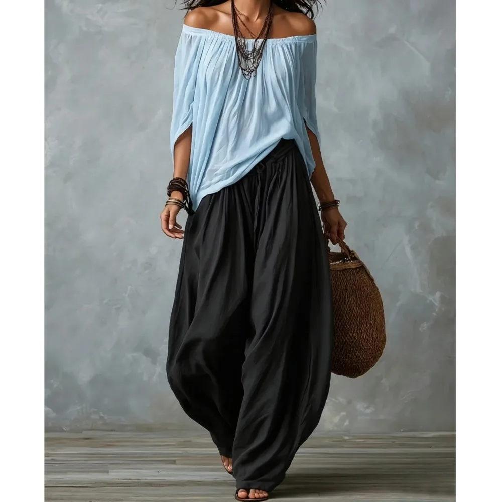 

Women Casual Two Piece Pant Sets Off Shoulder Chiffon Half Sleeves Blouse Drawstring Harem Wide Leg Pants Loose Trouser Suit