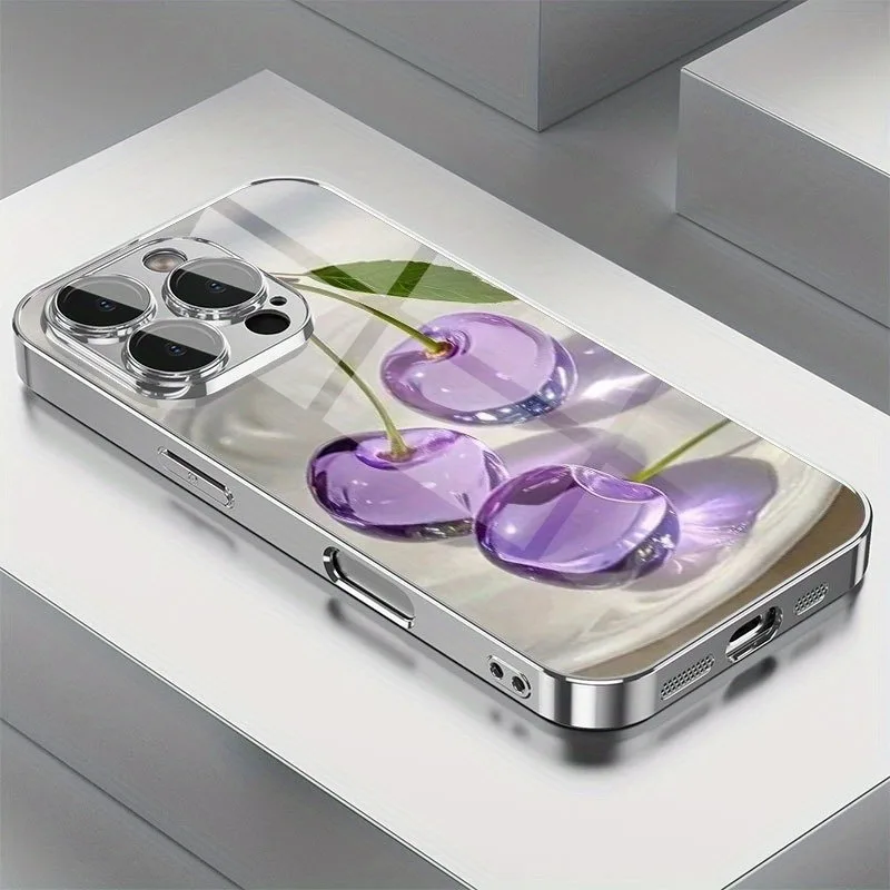 

Purple Crystal Cherry Pattern Tempered Glass Electroplated Silver Phone Case For Samsung Galaxy S25 S24 S23 Ultra Plus FE Cover