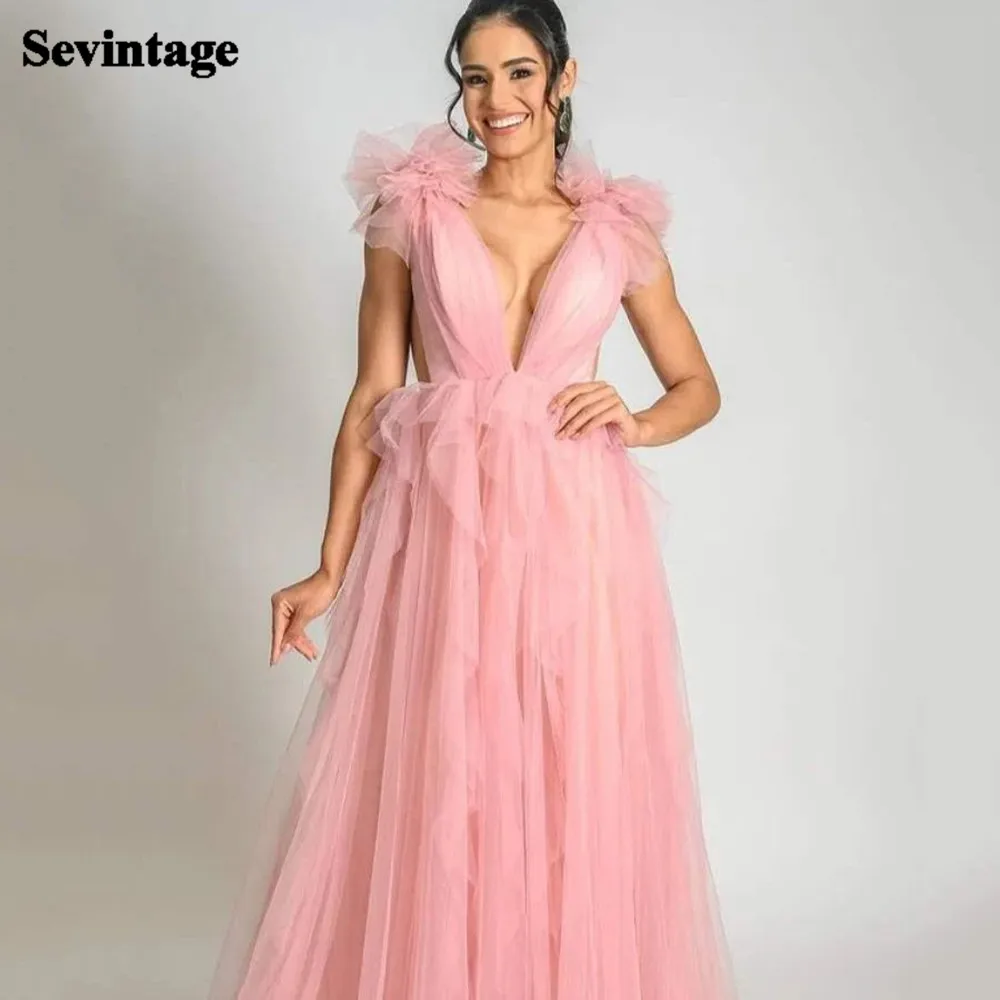 

Sevintage A Line Pink Tulle Long Prom Dresses Evening Party Dress Deep V-Neck Ruffles Shoulders Women Formal Occasion Gowns 2023