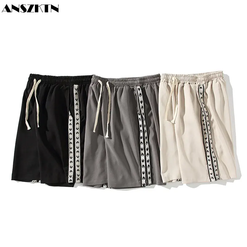 

ANSZKTN Drawstring sports casual men's loose black gray cotton summer thin style solid color five quarterback pants shorts