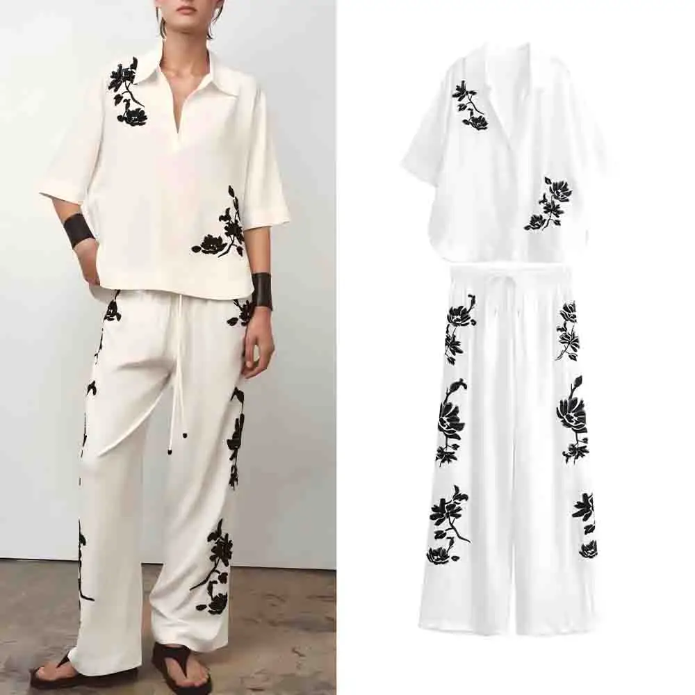 

Women's Fashion sequin embroidery decoration loose Lapel shirt casual short sleeved women's shirt chic top+Pants suit