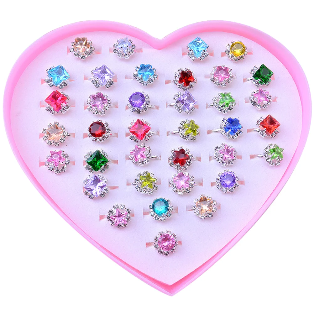36 Pcs Little Girls Jewelry Ring Kid Rings Adjustable Finger Boxed Kids Pink Knuckle Pretend Play Child