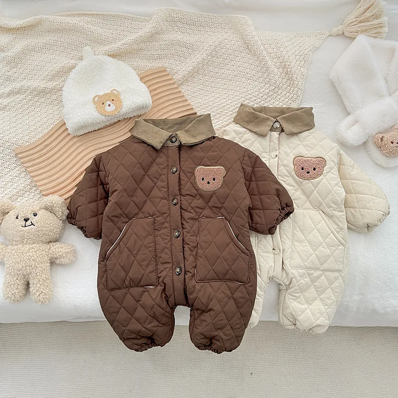 2024 Autumn Winter Baby Girls Boys 0-3 Years Cute Bear One Piece Thick Warm Rompers Infant Toddler Overalls Two Colors