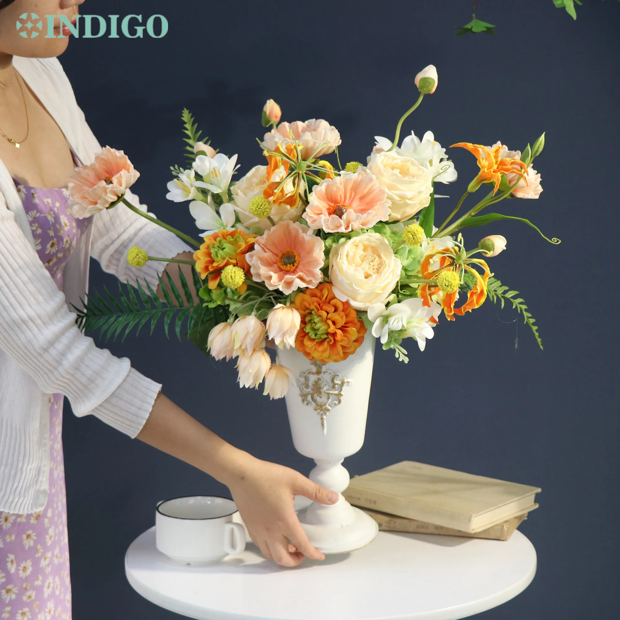 INDIGO-Artificial Flower Arrangment with Vase,Lily, Rose,Peony, Champagne, Home Decoration,Party, Christmas Centerpiece,Event