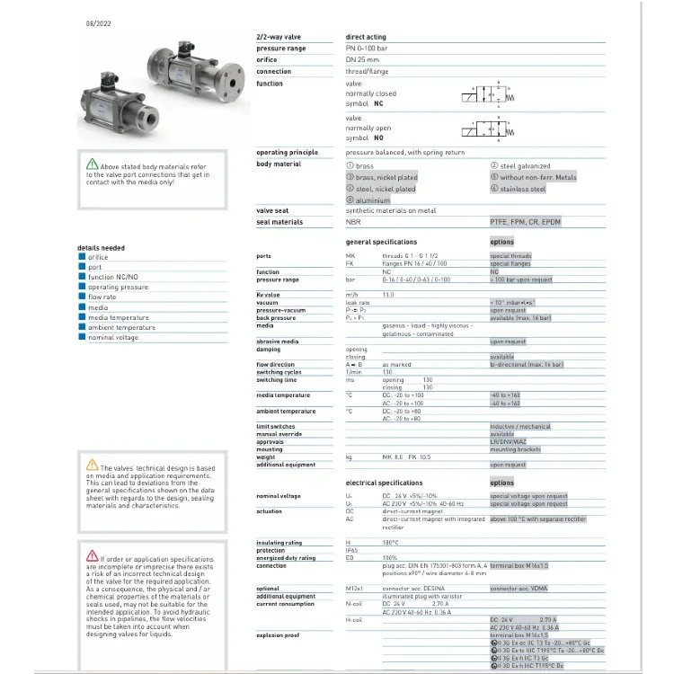 Two-position two-way direct-acting coaxial valve MK/FK 20