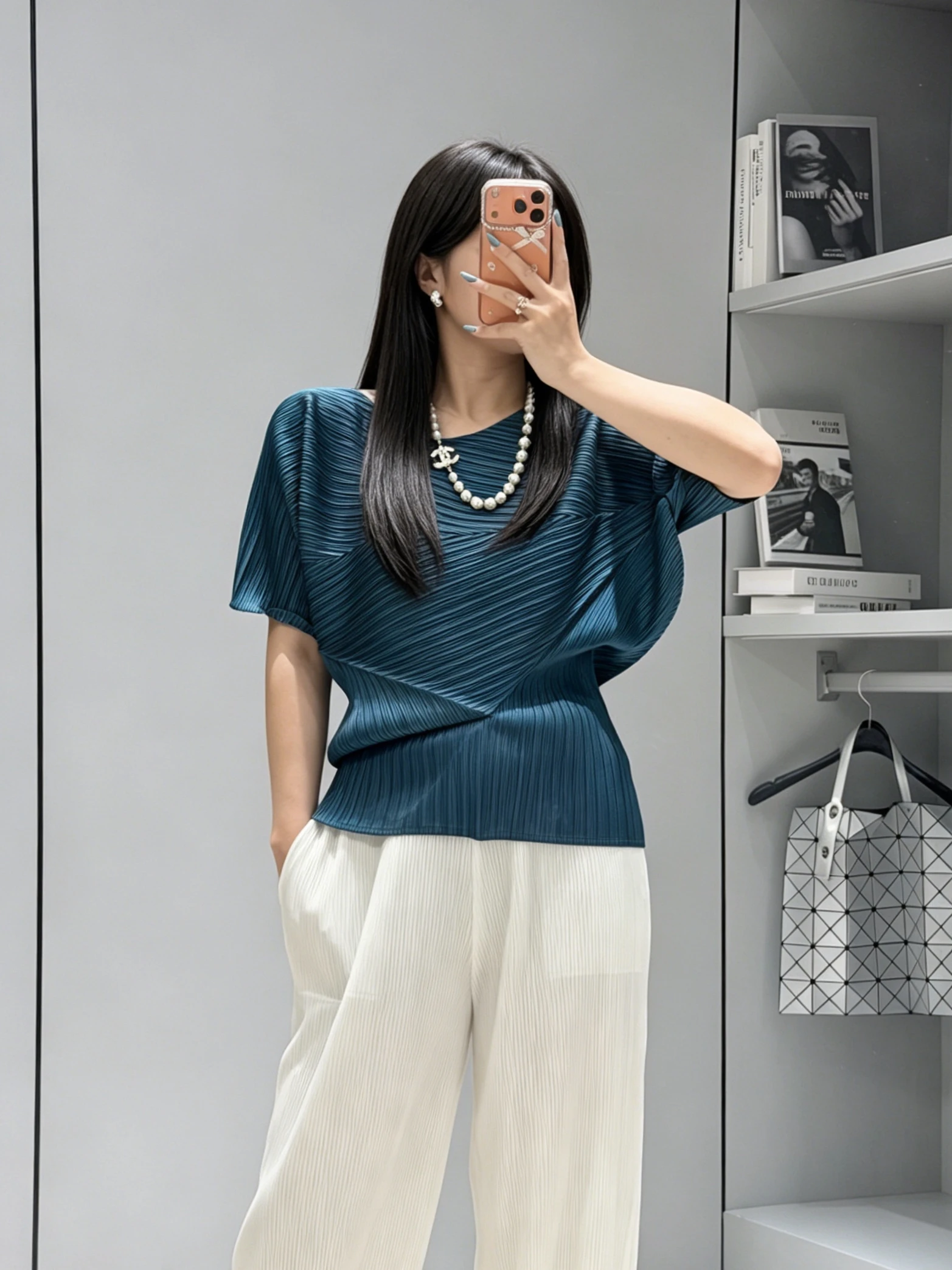 YUDX Vibrant Cyan Blue Miyake Pleated Asymmetric Short Sleeve Top, Irregular Hem Women's Casual All Match Modern Stylish Blouse
